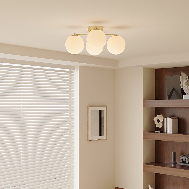 Living and Home 4-Light Gold Semi Flush Mount Ceiling Light, Milky White Glass Globe Shade E27 Ceiling Lamp, Wall Controlled Bedroom Lighting Fixture (Bulbs Not Included)