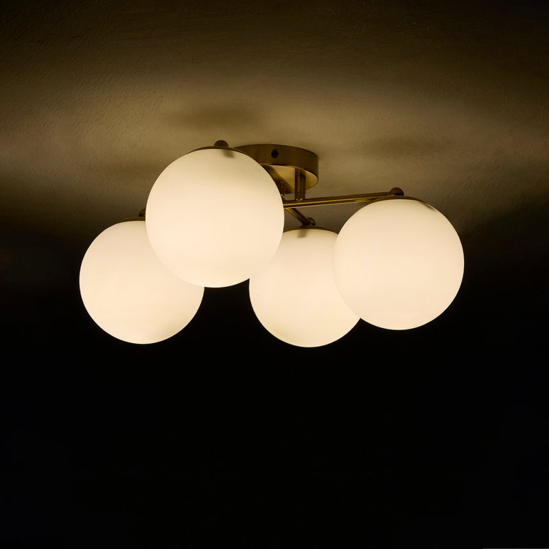 Living and Home 4-Light Gold Semi Flush Mount Ceiling Light, Milky White Glass Globe Shade E27 Ceiling Lamp, Wall Controlled Bedroom Lighting Fixture (Bulbs Not Included)