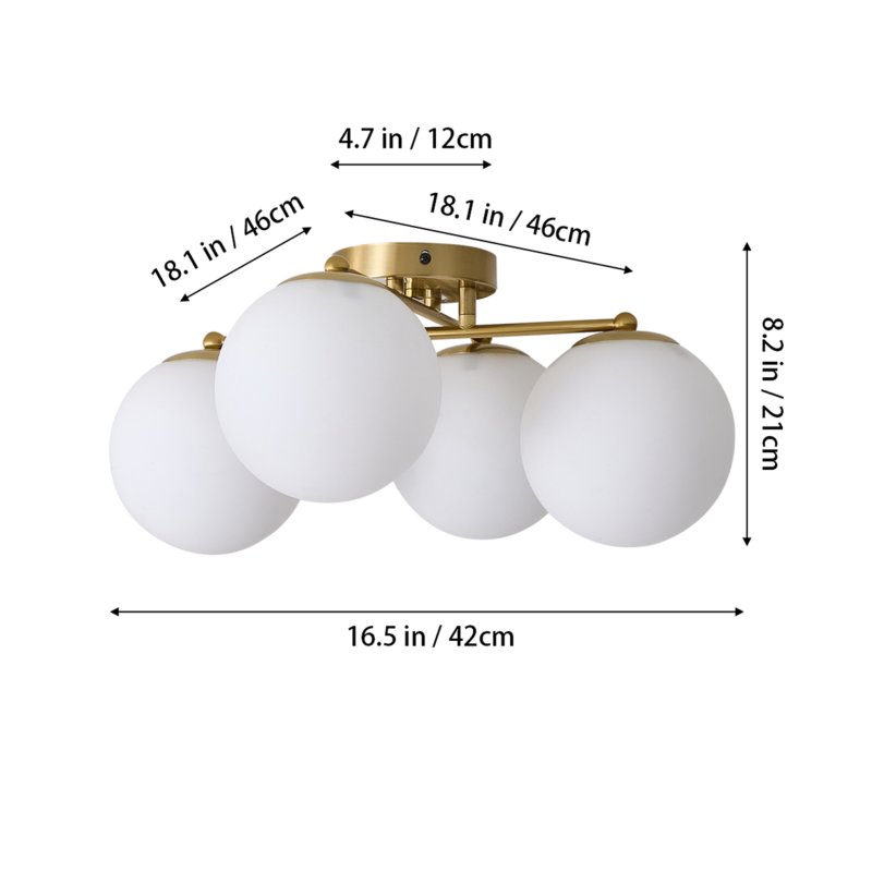 Living and Home 4-Light Gold Semi Flush Mount Ceiling Light, Milky White Glass Globe Shade E27 Ceiling Lamp, Wall Controlled Bedroom Lighting Fixture (Bulbs Not Included)