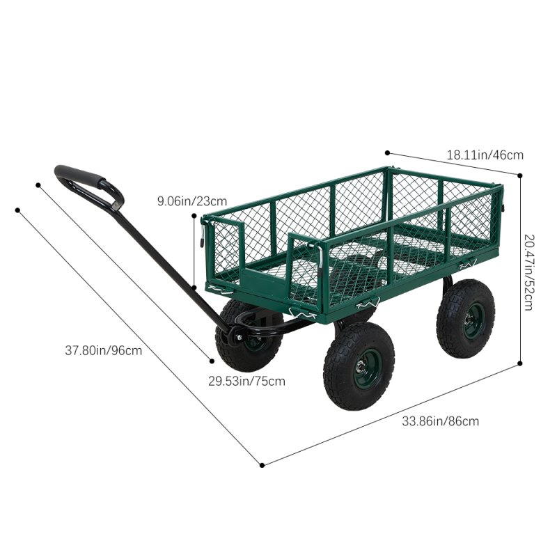 Living and Home 500lbs Heavy Duty Garden Trolley Cart On Wheels, Utility Wagon with Removable Sides & Pneumatic Tires, Green