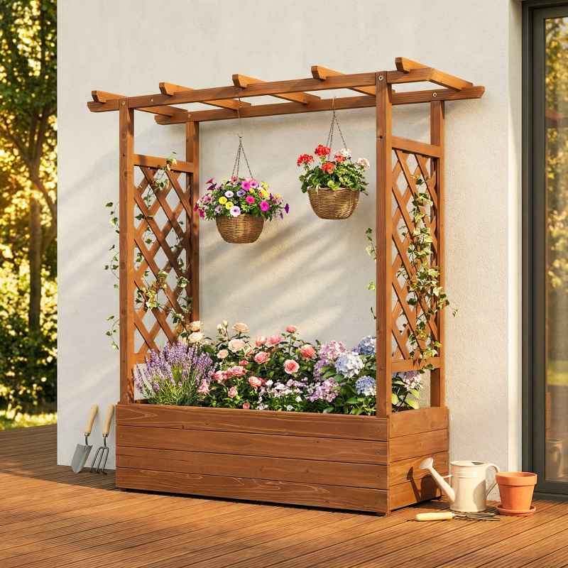 Living and Home Raised Garden Bed with Integrated Trellis and Overhead Slats, 110cm W x 44.5cm D x 113 cm H