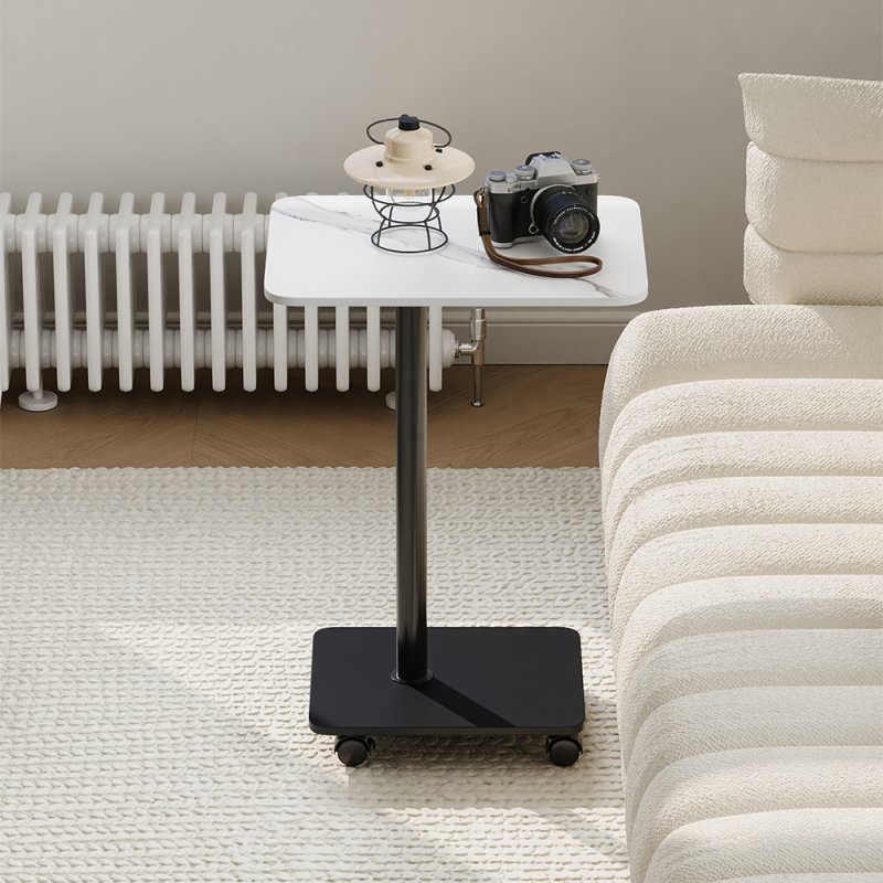 Living and Home C Shaped Side Table with Wheels, White Marble