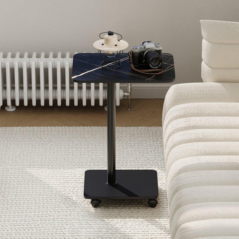 Living and Home C Shaped Side Table with Wheels, Black Marble