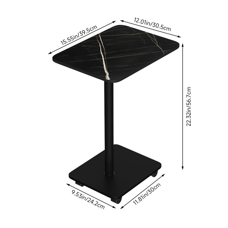 Living and Home C Shaped Side Table with Wheels, Black Marble