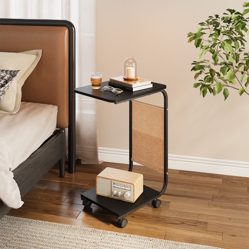 Living and Home C-Shaped Side Table with Storage Bag, Black