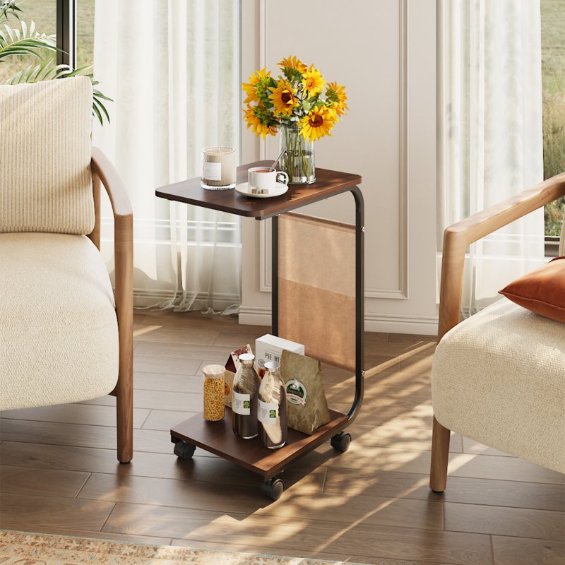 Living and Home C-Shaped Side Table with Storage Bag, Dark Walnut