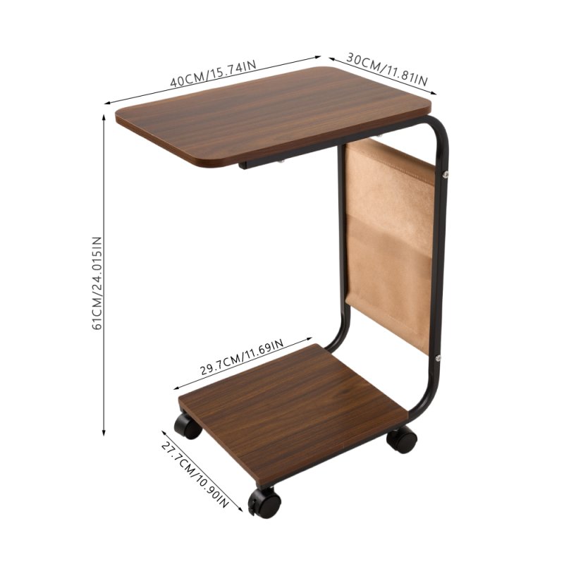 Living and Home C-Shaped Side Table with Storage Bag, Dark Walnut