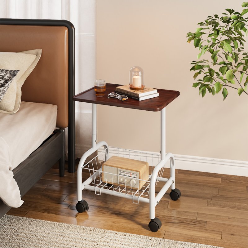 Living and Home Mobile Side Table with Lower Basket, Walnut