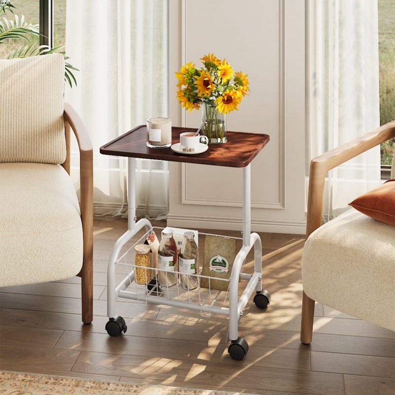 Living and Home Mobile Side Table with Lower Basket, Walnut