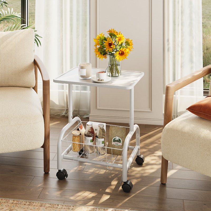 Living and Home Mobile Side Table with Lower Basket, White
