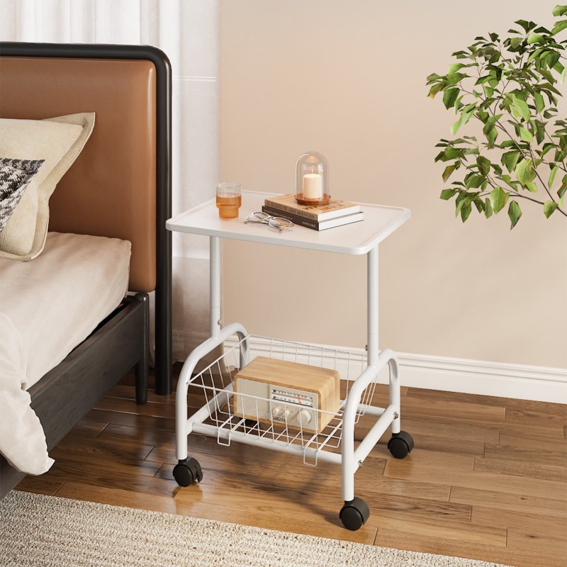 Living and Home Mobile Side Table with Lower Basket, White