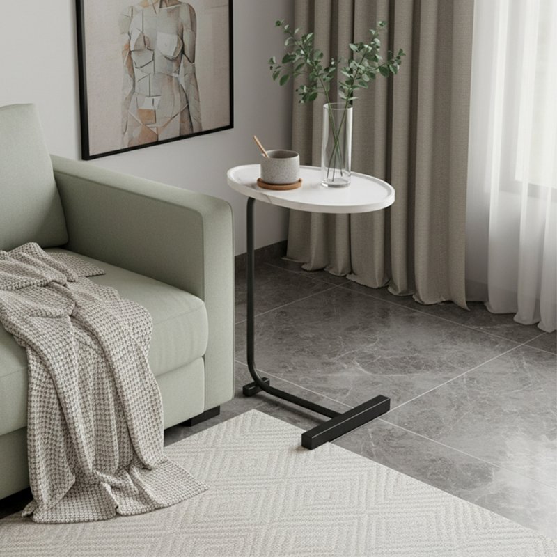 Living and Home C-Shaped Oval Grooved Side Table, White Marble