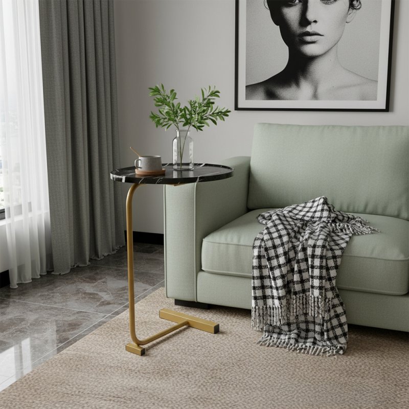 Living and Home C-Shaped Oval Grooved Side Table, Black Marble+Gold Leg