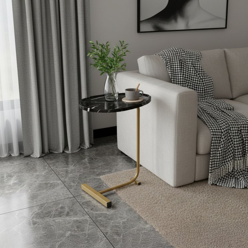 Living and Home C-Shaped Oval Grooved Side Table, Black Marble+Gold Leg