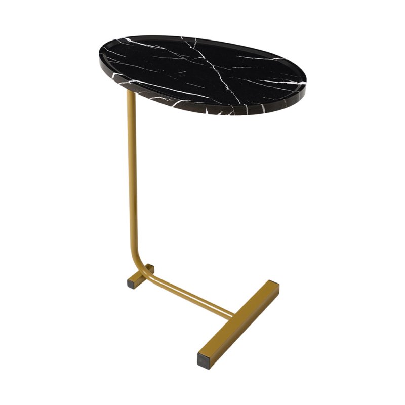 Living and Home C-Shaped Oval Grooved Side Table, Black Marble+Gold Leg