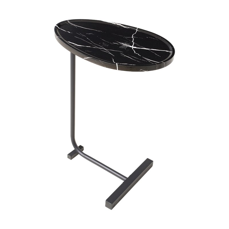 Living and Home C-Shaped Oval Grooved Side Table, Black Marble