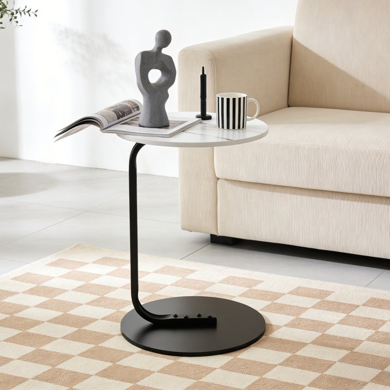 39cm Dia C-Shaped Side Table, White Marble
