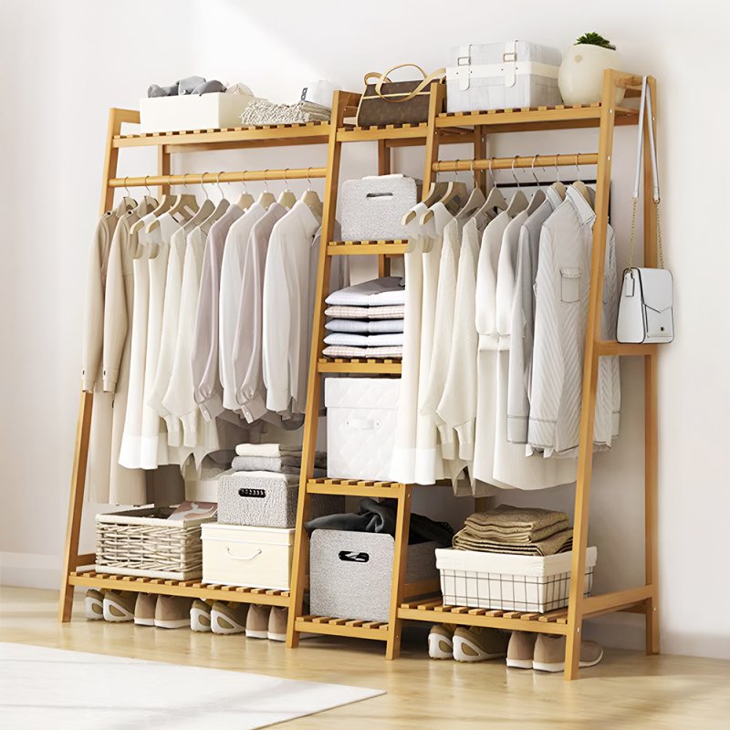 Living and Home Trapezoid Bamboo Garment Rack with Tiered Storage Shelves, Natural