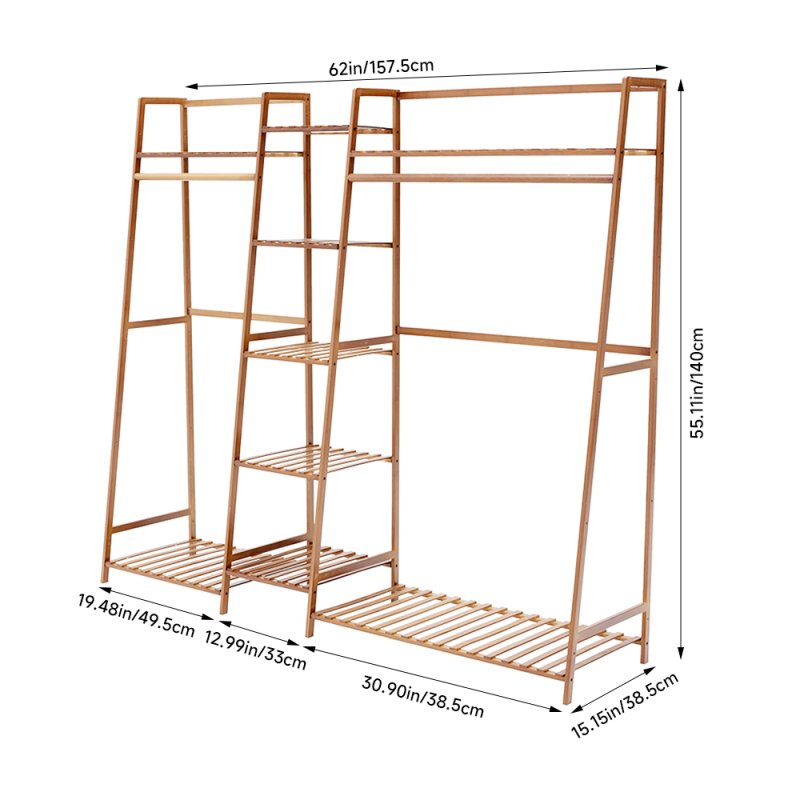 Living and Home Trapezoid Bamboo Garment Rack with Tiered Storage Shelves, Natural