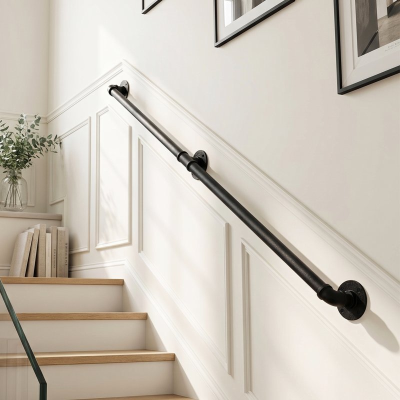 Living and Home 1.5M Matte Black Industrial Pipe Stair Handrail, 32mm Diameter Galvanized Steel Wall Mount Stair Rail