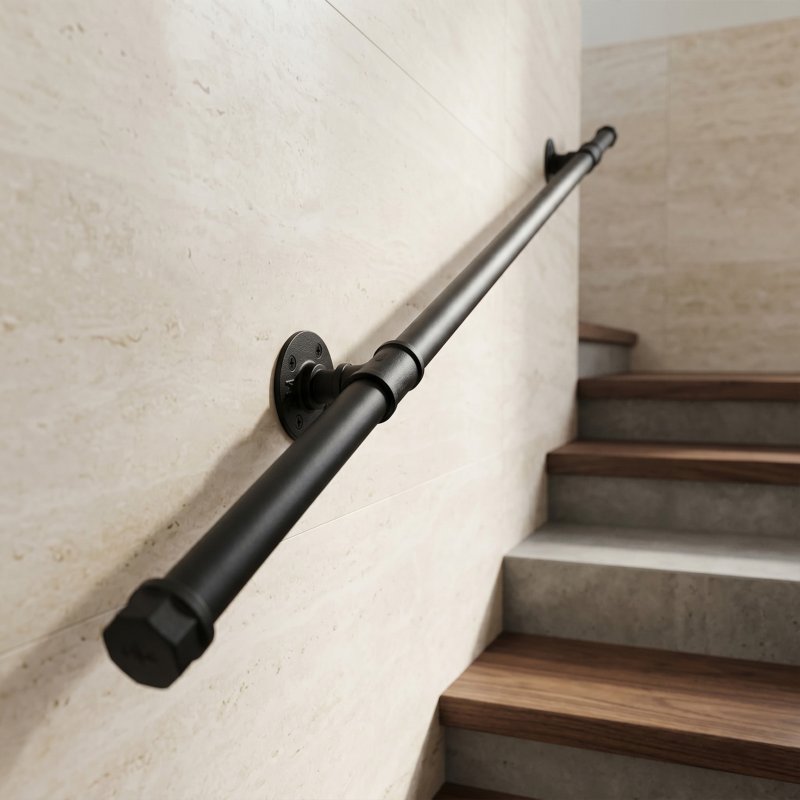 Living and Home 1/1.5/2/3M Matte Black Industrial Pipe Stair Handrail, 32mm Diameter Galvanized Steel Wall Mount Stair Rail with Complete Installation Hardware Kit for Indoor Steps