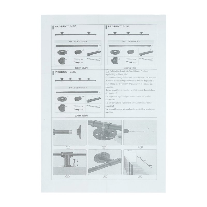 Living and Home 1/1.5/2/3M Matte Black Industrial Pipe Stair Handrail, 32mm Diameter Galvanized Steel Wall Mount Stair Rail with Complete Installation Hardware Kit for Indoor Steps
