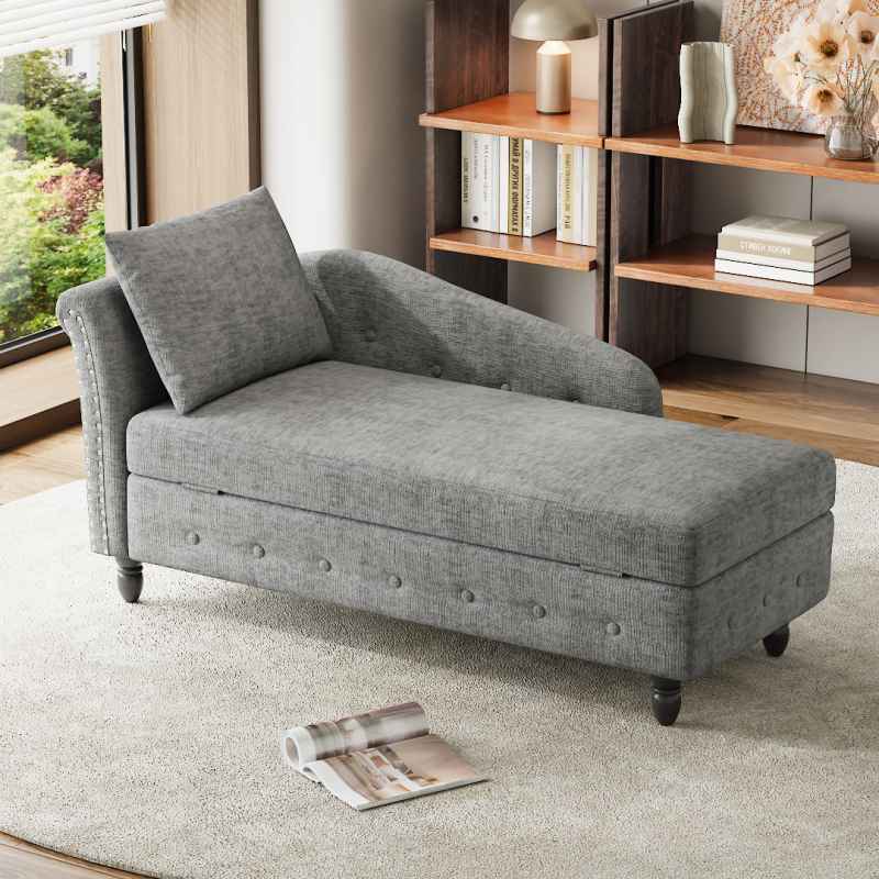 Living and Home Left Hand Facing Chenille Chaise Lounge with Storage and Pillow, Grey
