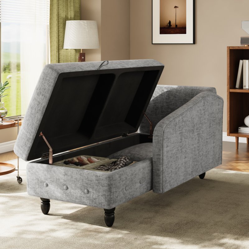 Living and Home Left Hand Facing Chenille Chaise Lounge with Storage and Pillow, Grey