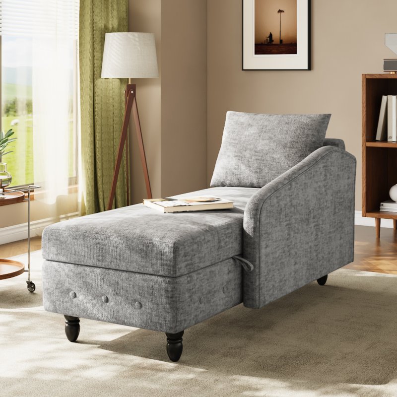 Living and Home Left Hand Facing Chenille Chaise Lounge with Storage and Pillow, Grey