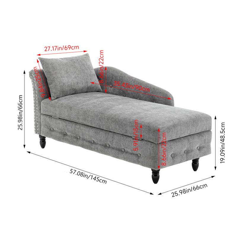 Living and Home Left Hand Facing Chenille Chaise Lounge with Storage and Pillow, Grey