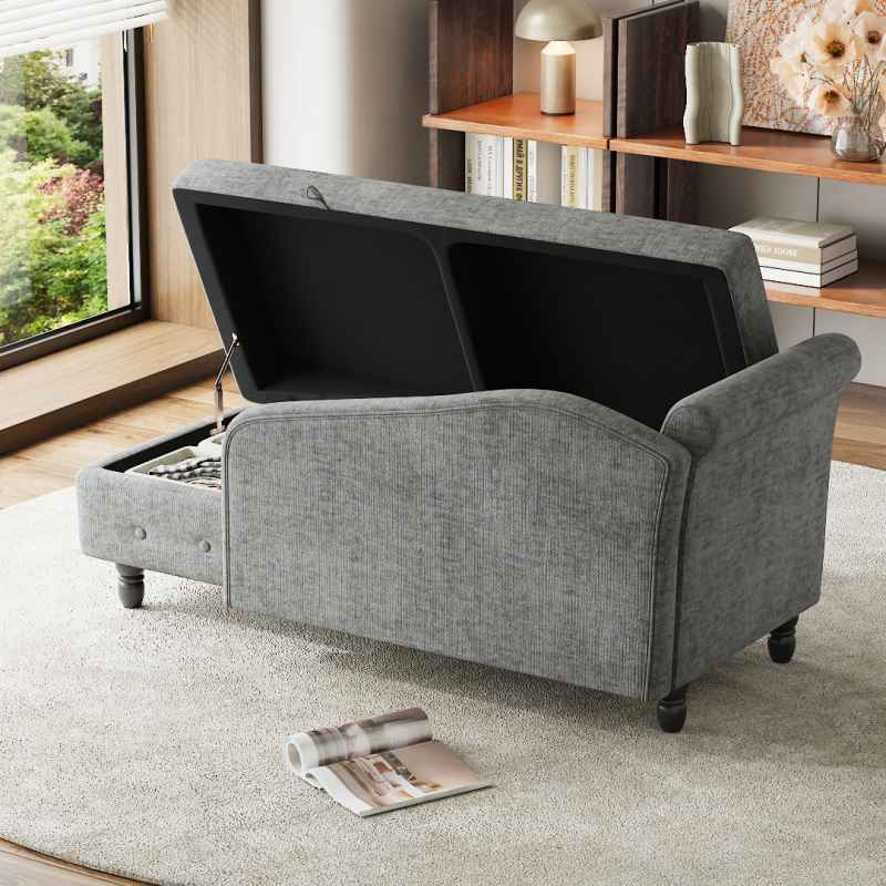 Living and Home Left Hand Facing Chenille Chaise Lounge with Storage and Pillow, Grey