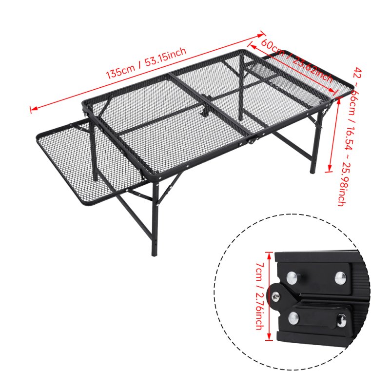 Living and Home Black Outdoor Portable Height-Adjustable Folding Camping Table, 135cm (W) x 60cm (D) x 70cm (H)