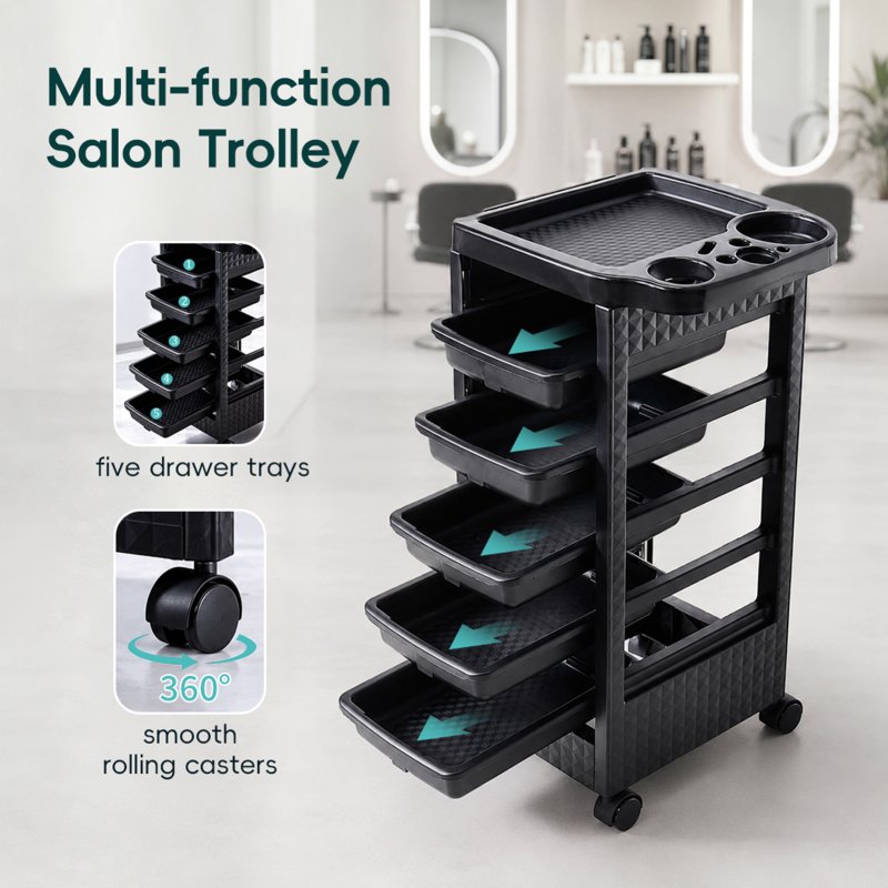 Living and Home 5-Drawer Plastic Salon Trolley Cart on Wheels, Rolling Hairdressing Storage Organizer