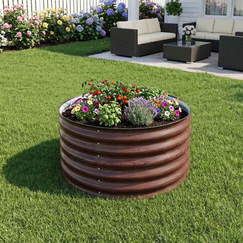 Living and Home 80cm Dia x 43cm H Round Metal Raised Garden Bed Planter Box