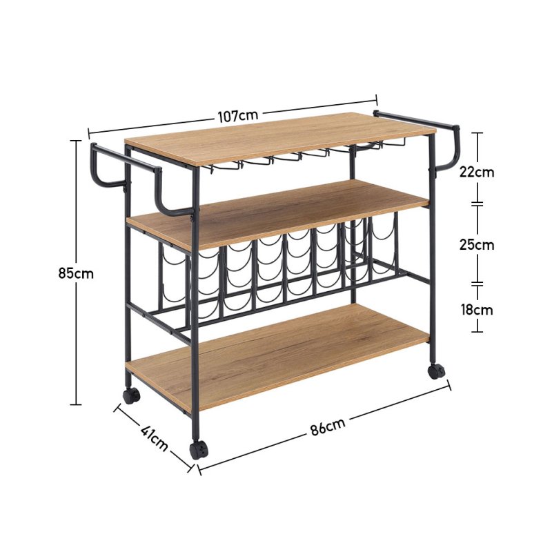 Living and Home Metallic Rolling Serving Bar Cart with Wine Rack
