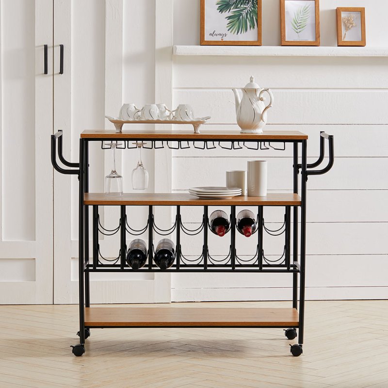 Living and Home Metallic Rolling Serving Bar Cart with Wine Rack