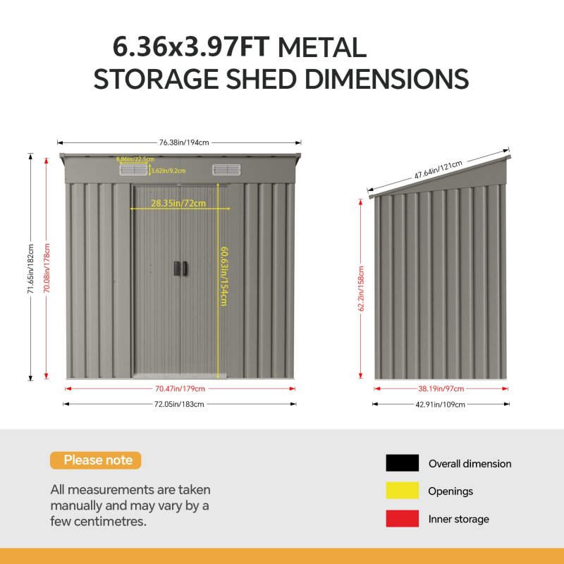 Living and Home 6.36 x 3.97FT Pent Roof Metal Garden Storage Shed with Lockable Sliding Doors, Matte Grey Sparkling