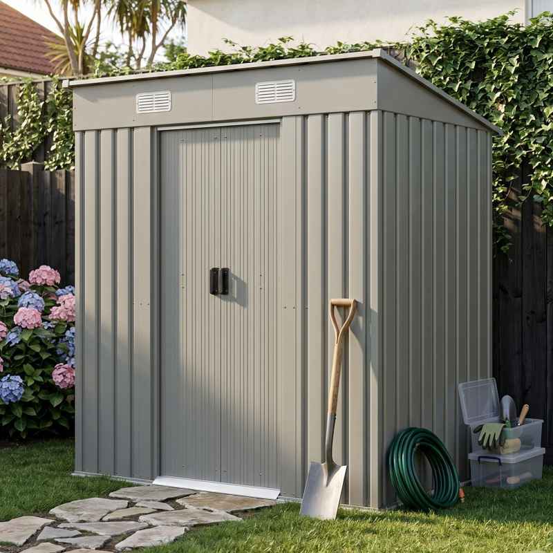Living and Home 6.36 x 3.97FT Pent Roof Metal Garden Storage Shed with Lockable Sliding Doors, Matte Grey Sparkling
