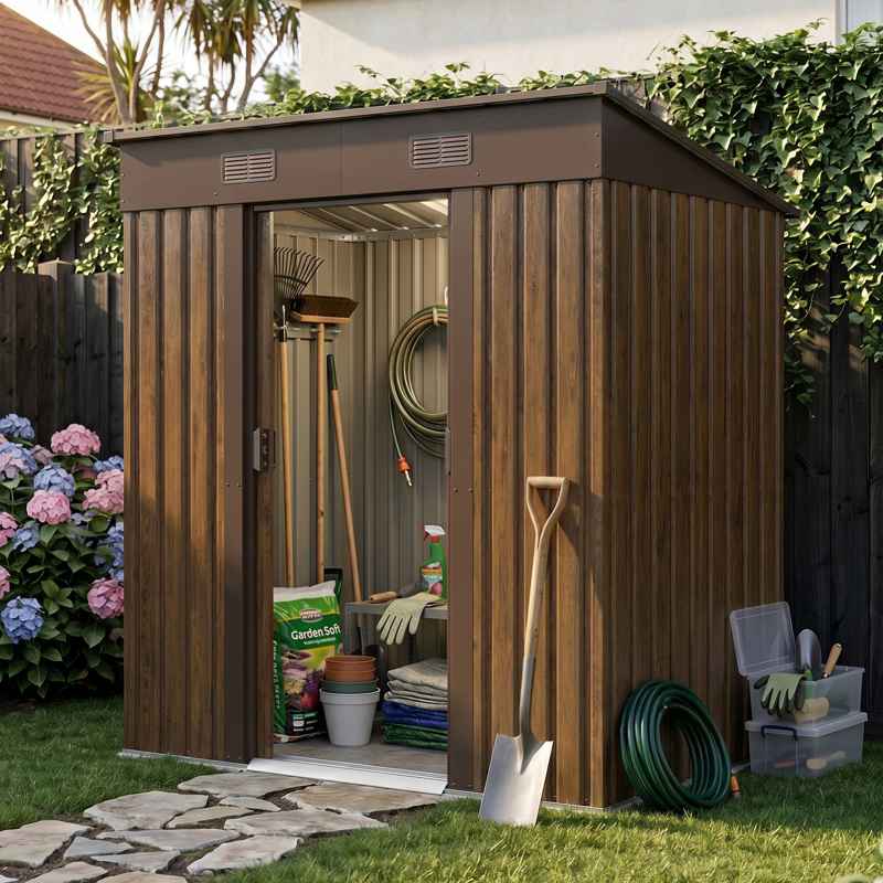 Living and Home 6.36 x 3.97FT Pent Roof Metal Garden Storage Shed with Lockable Sliding Doors, Brown Wood Grain