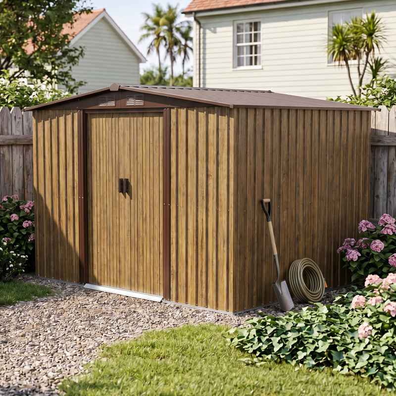 Living and Home 8.46 x 6.79FT Apex Roof Metal Garden Storage Shed with Lockable Sliding Doors, Brown Wood Grain