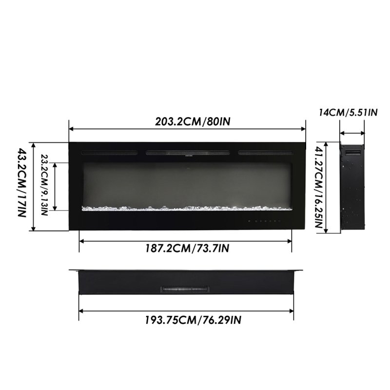 80 Inch Recessed & Wall Mounted Electric Fireplace with Remote, 12 Flame Colours