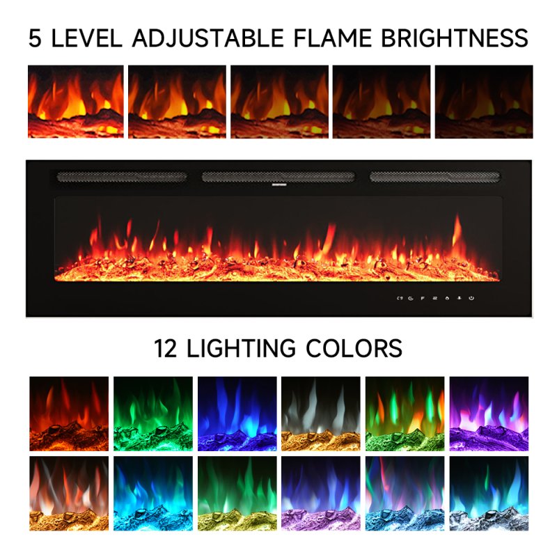 80 Inch Recessed & Wall Mounted Electric Fireplace with Remote, 12 Flame Colours