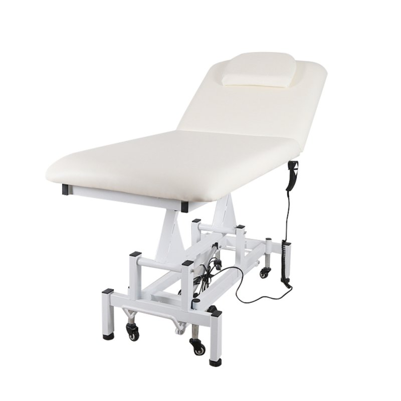 Living and Home Electric Height Adjustable Massage Table, Reclining Beige Facial Spa Bed with Manual Backrest, Mobile Beauty Tattoo Bed with Wheels, 180cm Salon Treatment Bed