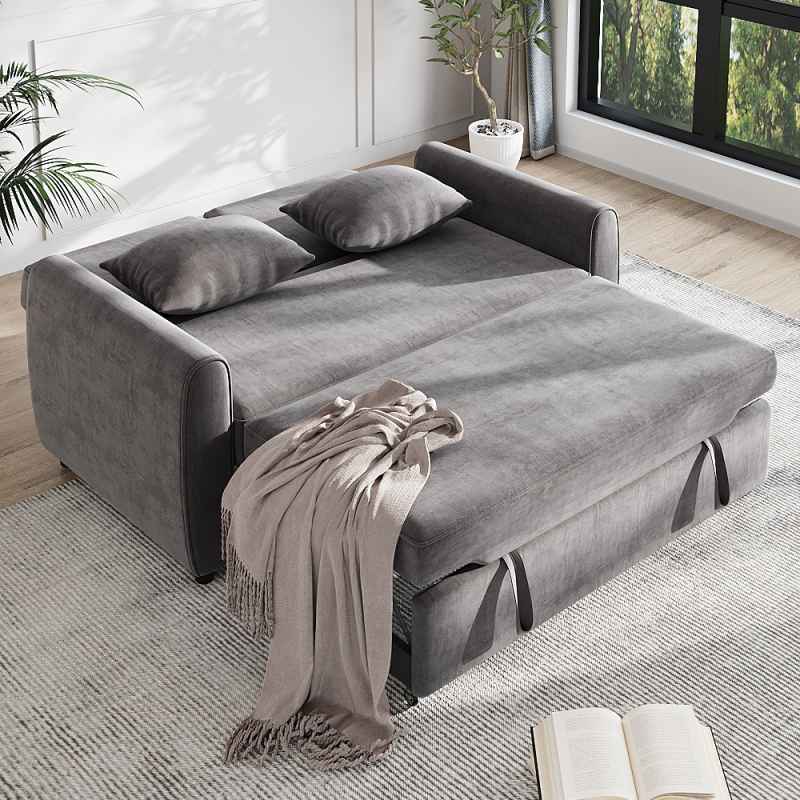 Living and Home Dark Grey Fabric Convertible 2 Seater Sofa Bed with 2 Throw Pillows, Foldable Pull Out Sofa Bed for Living Room