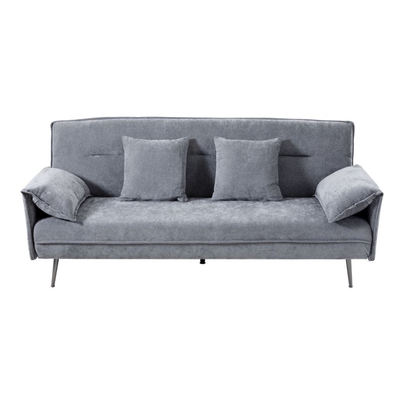 Living and Home Grey Fabric 3-Seater Convertible Sofa Bed, Modern Sleeper Sofa with Metal Legs and 2 Throw Pillows