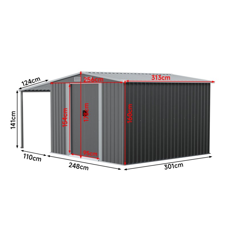 10.27x8.4ft Outdoor Metal Storage Shed with Lean-to, Apex Roof, Double Door
