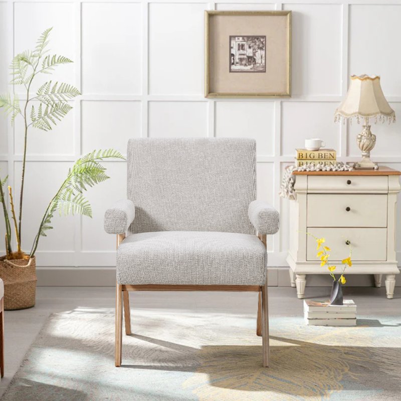 Linen Upholsteried Armchair with Wooden Legs