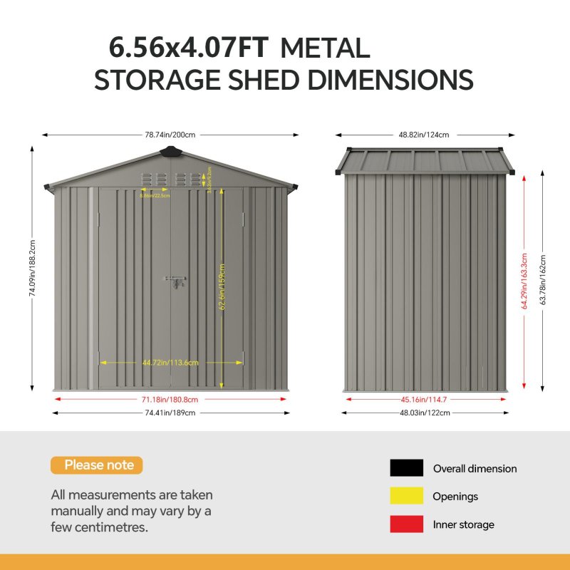 Living and Home 6.56 x4.07FT Grey Aluminium Color Metal Storage Shed, Apex Roof with Lockable Hinged Doors & Vents