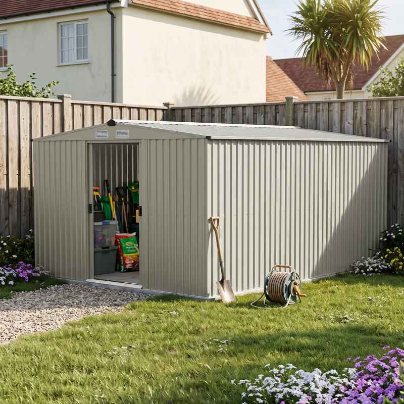 Living and Home 10.6 x12.73FT Grey Aluminium Color Apex Roof Metal Garden Shed, Lockable Sliding Doors, Vents & Foundation