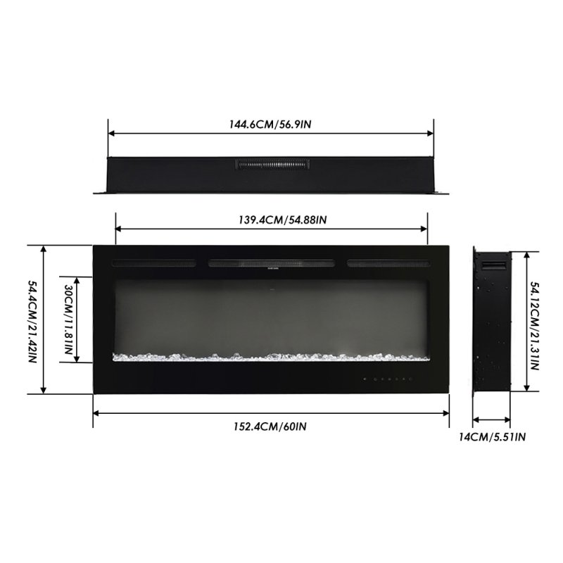 60 Inch Recessed & Wall Mounted Electric Fireplace with Remote